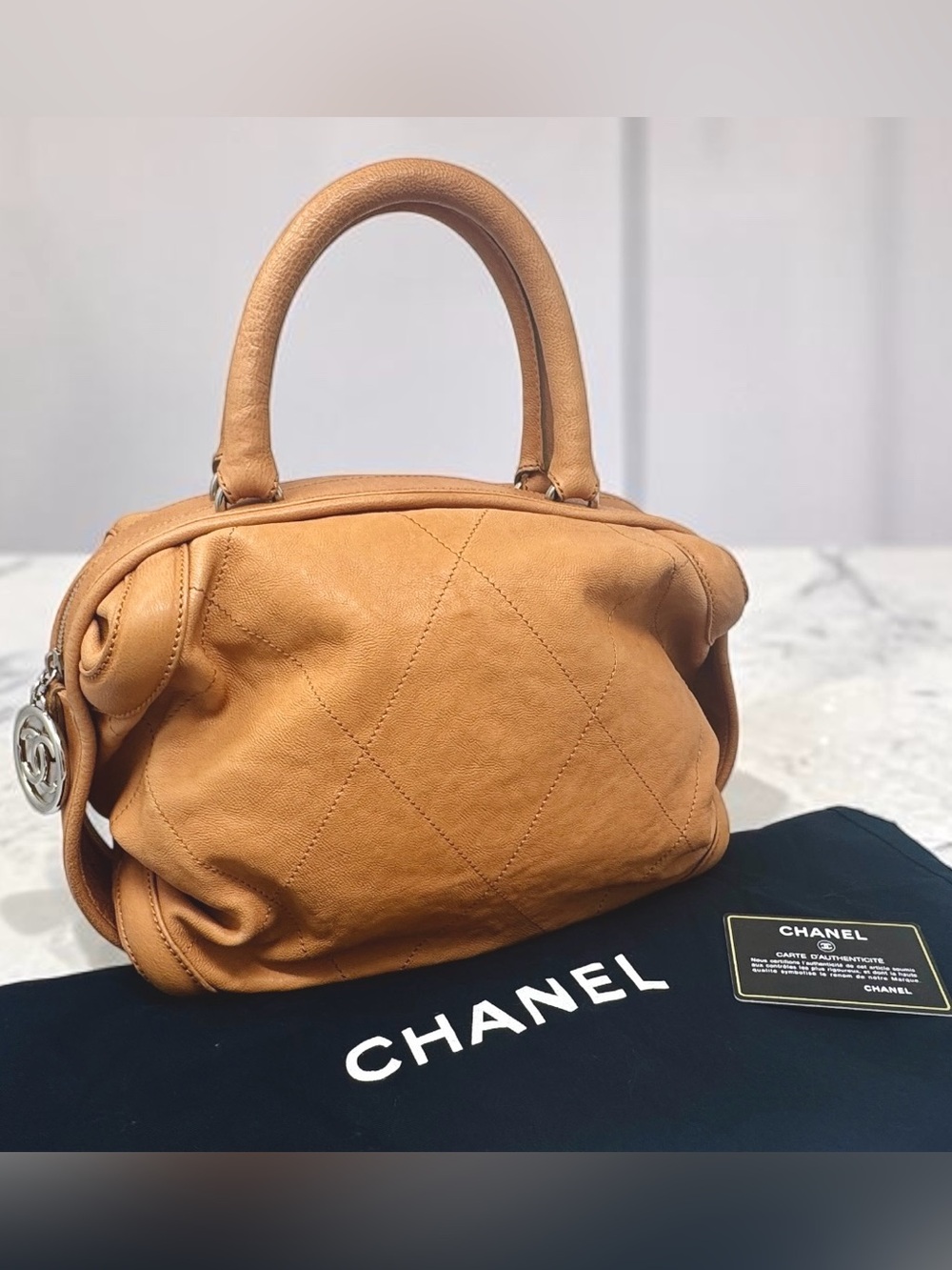 ✨🛍️ Chanel Light Brown Leather Stitched CC Bowling Bag